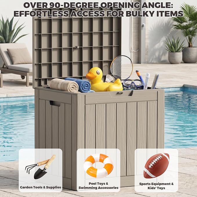 Outdoor Storage Box, 35 Gallon Waterproof Deck Box [Upgraded 3.1], Tool-Free Resin Storage for Patio Cushions, Balcony Pool Toys, Lockable Outside Side Table Ottoman, Balcony, Grey