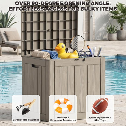 Outdoor Storage Box, 35 Gallon Waterproof Deck Box [Upgraded 3.1], Tool-Free Resin Storage for Patio Cushions, Balcony Pool Toys, Lockable Outside Side Table Ottoman, Balcony, Grey