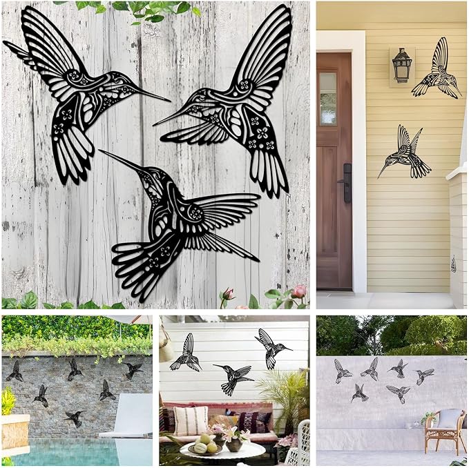 QZGXDECO Set of 3 Metal Hummingbird Wall Decor, 3D Iron Bird Wall Art for Outdoor Garden Fence, Patio & Yard Decorations, Large Hanging Sculptures for Living Room & Home, Gifts for Bird Lovers