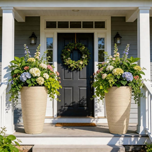 23.5" Ivory Speckled Tall Planters Set of 2 with Drainage Holes | Large Tapered PP Plastic Pots With Vertical Stripe Texture For Indoor and Outdoor Plants, Patio, Garden, Porch, or Entryway