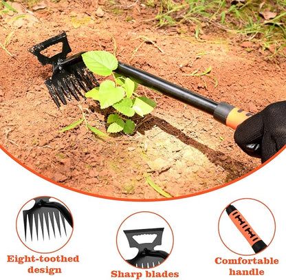 BokingOne Portable Weed Removal Tool - 8-Prong Manganese Steel with Black Baked Rust-Proof Coating for Garden Lawn Farm, Non-Slip Rubber Handle