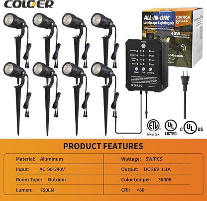 COLOER All-in-One Low Voltage Landscape Lighting Kit, 8 Pack 5W Die-cast Aluminum Landscape Lights with Transformer and Connectors, IP65 Waterproof Outdoor Spot Lights for Pathway Yard Garde
