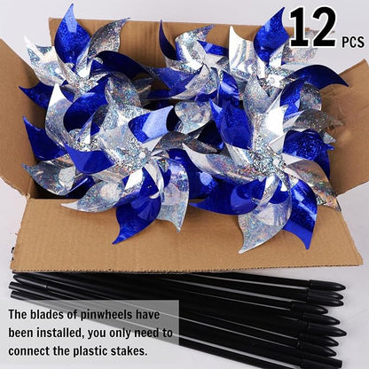 Hausse 12 Pack Reflective Blue Pinwheels with Stakes (Pre-assembled), Extra Sparkly Pin Wheel for Garden Decor, Bird Repellent Devices Deterrent to Scare Birds Away from Yard Patio Farm, Silver & Blue