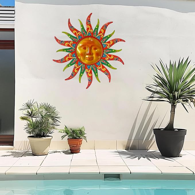 16 Inch Colorful Sun Face Metal Wall Decor, Indoor Outdoor Hanging Art for Farmhouse Patio Yard Bedroom