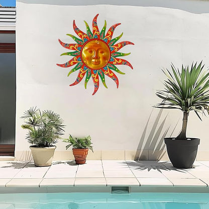 16 Inch Colorful Sun Face Metal Wall Decor, Indoor Outdoor Hanging Art for Farmhouse Patio Yard Bedroom