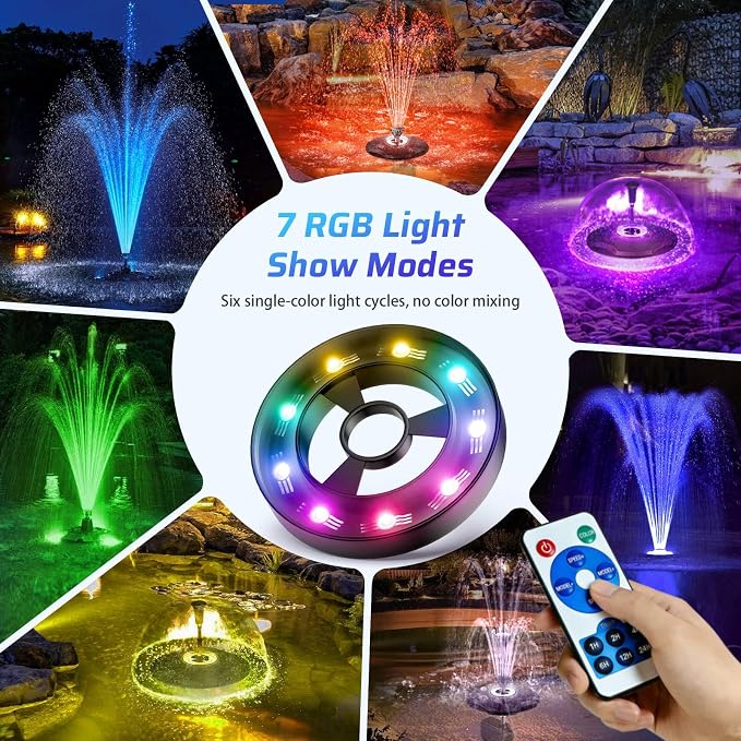 Antfraer Floating Pond Fountain with Remote Control RGB LED Lights, 40W 660GPH Water Pump with 3 Spray Modes, Floating Fountain 27FT Cord & 65.6FT Mooring Line for Garden Ponds, Outdoor Water Features