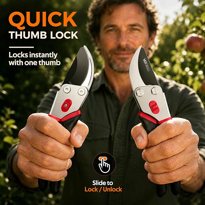 VOTREK® 8.5” Pruning Shears, Professional Garden Pruner with Jam-Proof Spring & Ever-Sharp SK5 Blade, Ergonomic Bypass Clippers for Rose, Tree Trimming, Heavy Duty Bonsai Scissor for Weak Hand