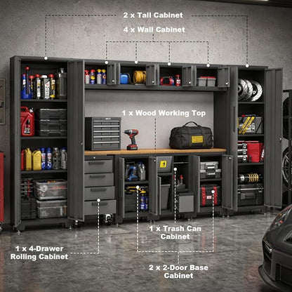 Torin Garage Storage Cabinets System, 12-Pcs Workshop Cabinet Set in Black | Trash Can Cabinet and Steel Cabinets Drawers Rolling Chest, Locked Storage Cabinet, Perfect for Organizing Garage and Tools