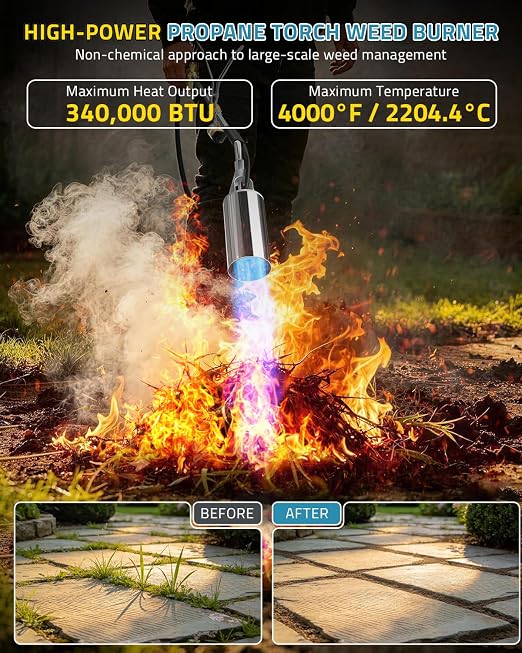 PAULINN Propane Torch Weed Burner, High Output 340,000 BTU Flamethrower with QCC 12 FT Hose, Compatible with 1 lb Propane cylinders and Any Standard 5–100 lb Tanks, Self-Ignite & Dual Flame Control