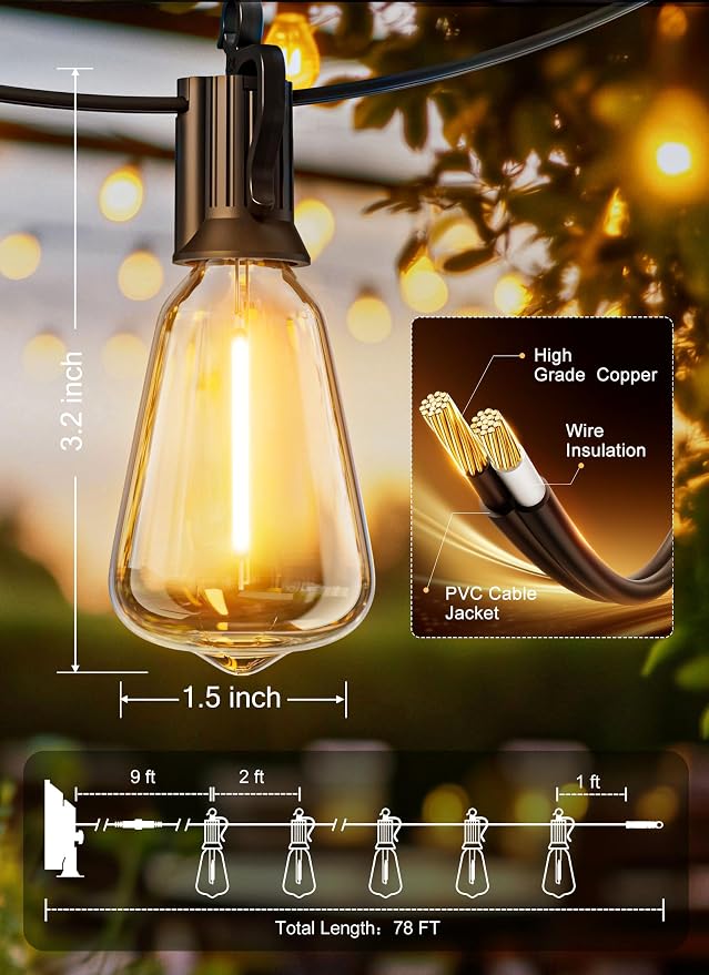 Brightown 78FT Solar String Lights Outdoor Waterproof with Remote, 35+1 LED Shatterproof Bulbs, Dimmable & Timable, 3 Light Modes - Commercial Grade Patio Lights for Garden Backyard Party Decor