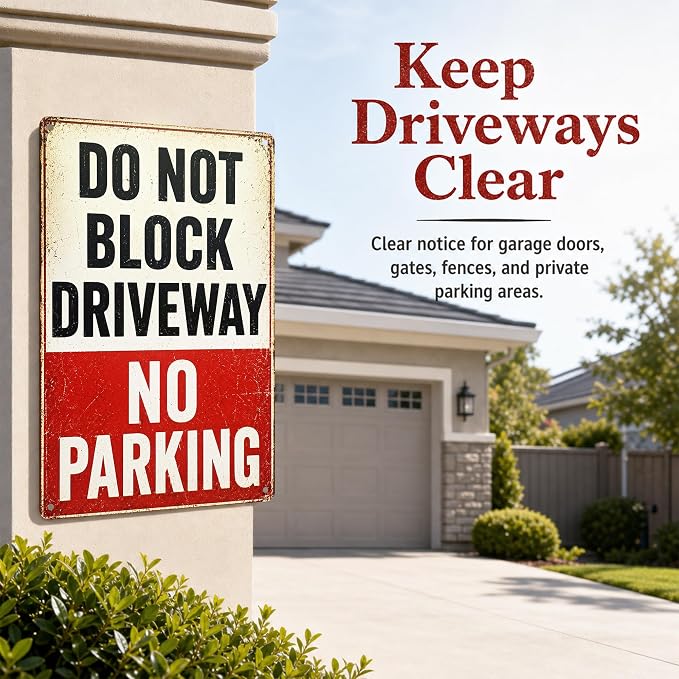 Do Not Block Driveway Tin Sign, 12 x 8 Inch No Parking Aluminum Metal Wall Decor, Vintage Notice Sign for Garage, Gate, Fence, Carport