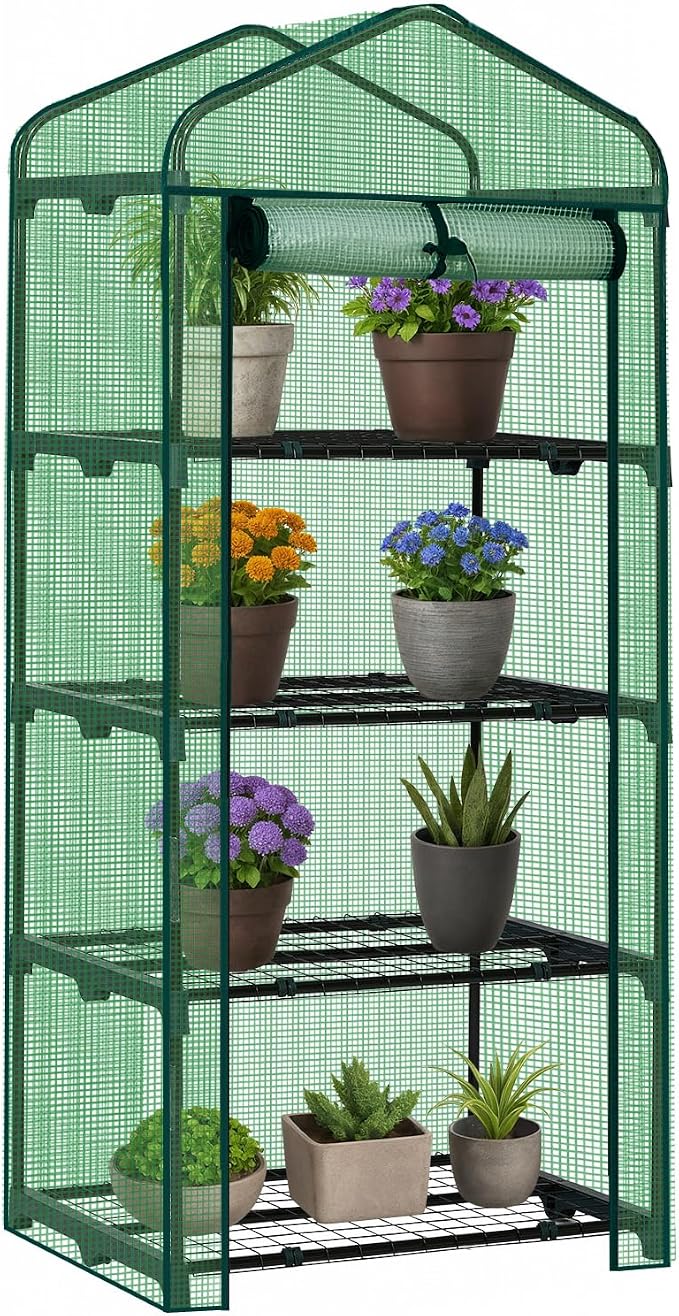 Outvita Mini Greenhouse, Small PE Plant Green House with 4 Tiers Rack, Shelf Clips, Roll-up Zipper Door, Gardening Supplies for Indoor Outdoor Seedling Frost Protection , 27"x19.6"x63" Green