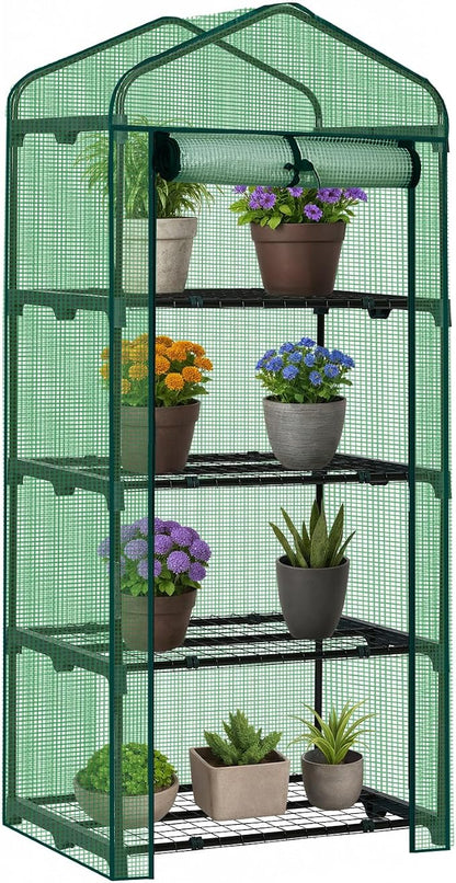 Outvita Mini Greenhouse, Small PE Plant Green House with 4 Tiers Rack, Shelf Clips, Roll-up Zipper Door, Gardening Supplies for Indoor Outdoor Seedling Frost Protection , 27"x19.6"x63" Green