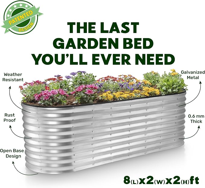 Plant & Plot Galvanized Raised Garden Beds Outdoor // 8×2×2 ft Planter Raised Beds for Gardening, Vegetables, Flowers (Silver) // Large Metal Garden Box // Patented Tool-Free Design