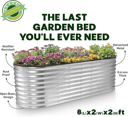 Plant & Plot Galvanized Raised Garden Beds Outdoor // 8×2×2 ft Planter Raised Beds for Gardening, Vegetables, Flowers (Silver) // Large Metal Garden Box // Patented Tool-Free Design