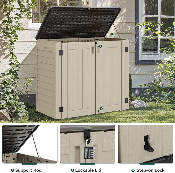 YITAHOME Outdoor Storage Shed w/o Shelf, 30 cu ft Horizontal Storage Shed Outdoor, Resin Waterproof Storage Cabinet for Garage, Poolside, Bikes, and Garden (Khaki + Black)