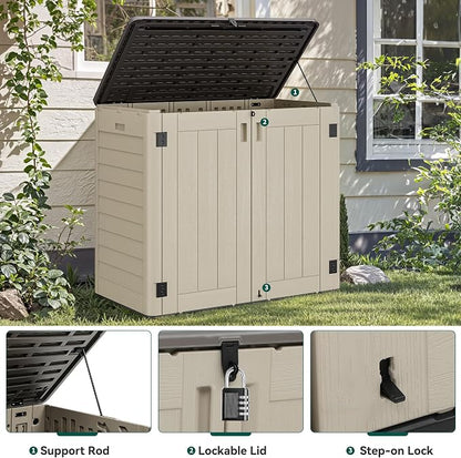 YITAHOME Outdoor Storage Shed w/o Shelf, 30 cu ft Horizontal Storage Shed Outdoor, Resin Waterproof Storage Cabinet for Garage, Poolside, Bikes, and Garden (Khaki + Black)