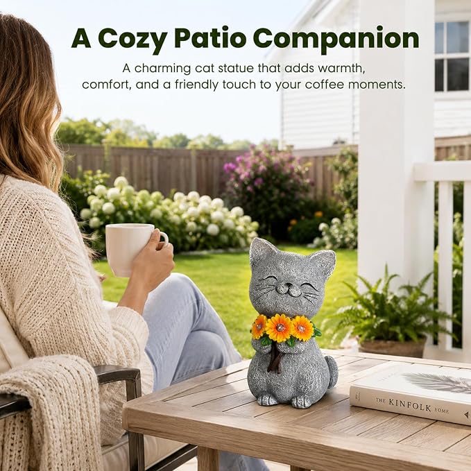 Solar Garden Statues Cat with Daisy and LED Lights Birthday Gifts for Women Mom Grandma Solar Outdoor Cat Decor for Outside,Outdoor Solar Lights for Yard, Garden and Patio, Unique Gift for Women