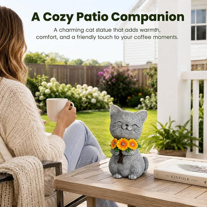 Solar Garden Statues Cat with Daisy and LED Lights Birthday Gifts for Women Mom Grandma Solar Outdoor Cat Decor for Outside,Outdoor Solar Lights for Yard, Garden and Patio, Unique Gift for Women