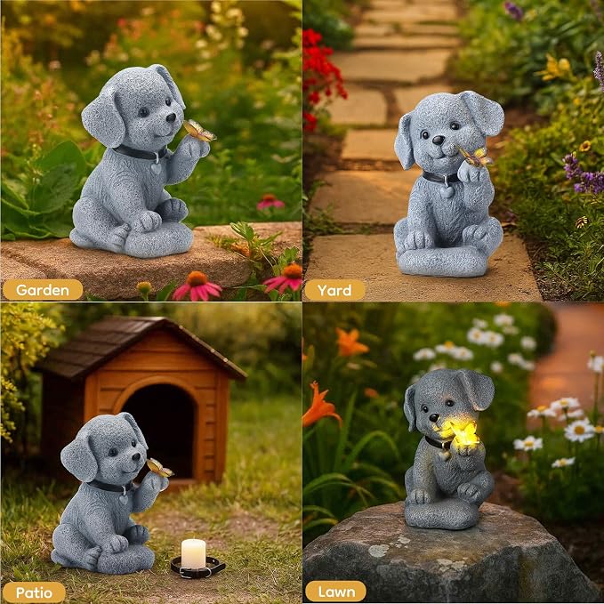 Solar Dog Statue with Butterfly, Outdoor Garden Decor with LED Light for Patio, Lawn Ornament for Courtyard, Valentine's Day Birthday Gift for Women Mom Grandma