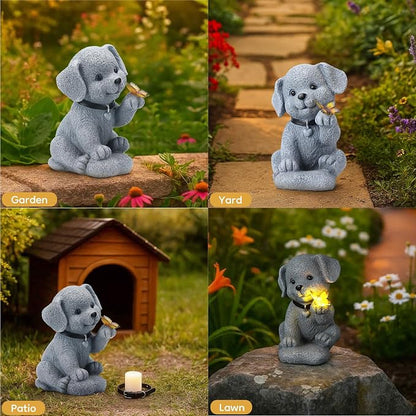 Solar Dog Statue with Butterfly, Outdoor Garden Decor with LED Light for Patio, Lawn Ornament for Courtyard, Valentine's Day Birthday Gift for Women Mom Grandma