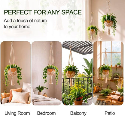 Shappy 2 Pack Boho Macrame Plant Hanger, Large Hanging Planter Plant Holder Pot Hanger Hanging Basket Wall Planters, Plants Lover Gift for Indoor Garden (Wooden Ring and Wooden Beads,White)