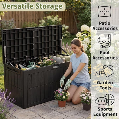 100 Gallon Outdoor Storage Box, Waterproof Lockable Deck Box | Resin Storage Bin for Patio Furniture Cushions, Garden Tools, Pool Supplies Organization, Indoor & Outdoor Use
