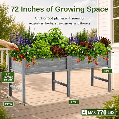 YEFU 72" Large Raised Garden Bed, Wood-Look HIPS 6ft Extra Large Bed, Grey | Extra Large Garden Bed for Backyard Growing, 6ft Design, Wood-Look HIPS, Drainage, 770 lbs High Capacity Support