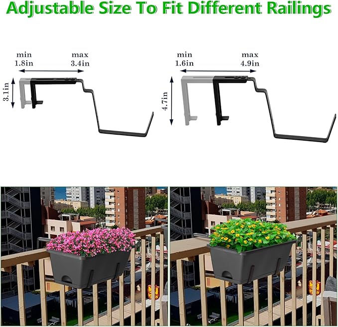 OYEAL Deck Railing Planter Boxes Set of 2 Over The Fence Planters Rail Hanging Planter Boxes with Adjustable Brackets, 6 Plastic Flower Boxes, Grey