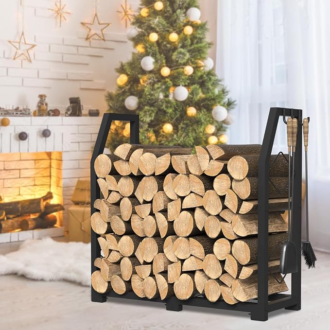 VyGrow Firewood Rack for Outdoor, Firewood Holder with 3 Hanging Hooks, Heavy Duty Wood Rack for Indoor Outdoor Patio, Black