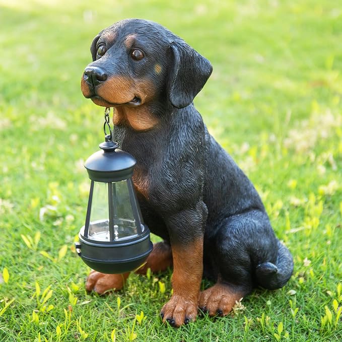Garden Dog Statues Outdoor Decor, 13" Solar Powered LED Lights Outdoor Statue Garden Decorations Rottweiler Figurine for Patio, Lawn, Yard Decor, Housewarming Garden