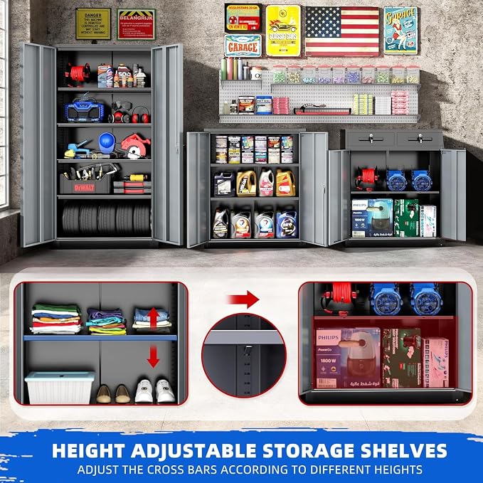 INTERGREAT Metal Storage Cabinet,72" Locking Steel Cabinets with 2 Doors and 4 Adjustable Shelves,Tall Steel Storage for Home Office, Garage,Warehuse (Black Grey)