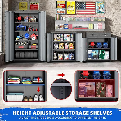 INTERGREAT Metal Storage Cabinet,72" Locking Steel Cabinets with 2 Doors and 4 Adjustable Shelves,Tall Steel Storage for Home Office, Garage,Warehuse (Black Grey)