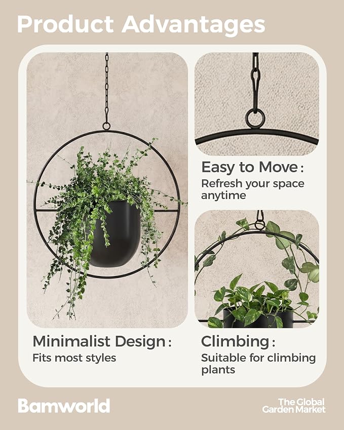 Bamworld Black Hanging Planters for Indoor Outdoor Plants Metal Hanging Pots for Plants 5.5 Inch Modern Hanging Basket Window Plant Hanger Ceiling Hanging Flower Pot with Chain for Wall Decor (Round)