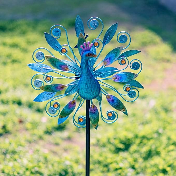 Stargarden 58 Inch Peacock Wind Spinner-Double Wind Sculpture | Metal Windmill for Garden Patio Yard Decor