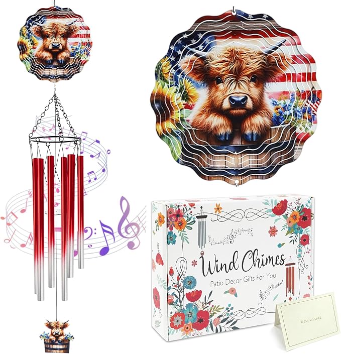 Highland Cow Wind Spinner Chimes Outdoor - Hanging Garden Decor Metal Wind Chimes for Patio, Yard, Backyard - Birthday Housewarming Gifts for Women/Mom/Grandma