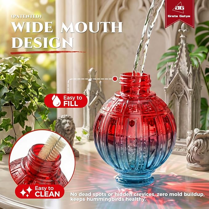 Glass Hummingbird Feeder for Outdoors Hanging, 26Oz Bird Nectar Feeder with Perch & 5 Flower Feeding Ports, Leak Proof for Outside Garden Decor Backyard, Gifts for Women Mom, Blue & Red