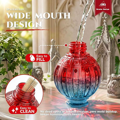 Glass Hummingbird Feeder for Outdoors Hanging, 26Oz Bird Nectar Feeder with Perch & 5 Flower Feeding Ports, Leak Proof for Outside Garden Decor Backyard, Gifts for Women Mom, Blue & Red