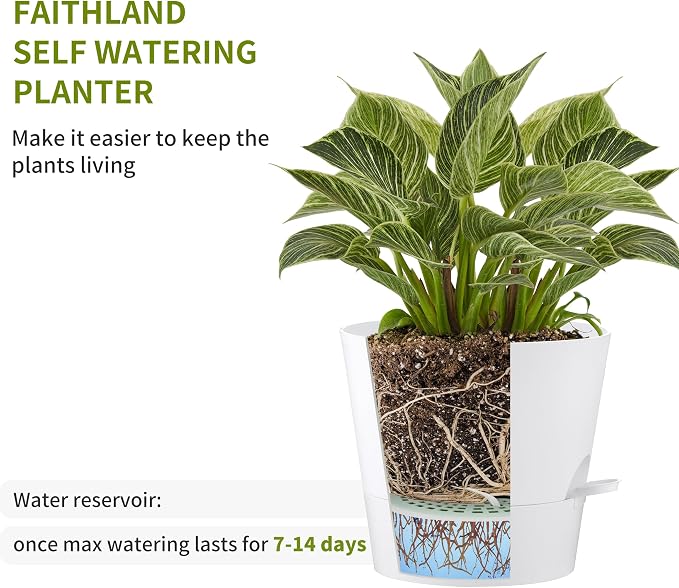 FaithLand 2-Pack 9 Inch Planter Pots for Indoor Outdoor Plants, Self Watering Flower Pots with Deep Reservoir, White …