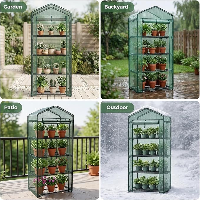 NEWBULIG Mini Greenhouse with Durable PE Cover Roll-up Zipper Door 4 Tier, 27"x19"x63" Small Greenhouse for Outdoors Indoor Balcony, Porch, Garden, Patio, Backyard Green Houses, Green