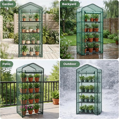 NEWBULIG Mini Greenhouse with Durable PE Cover Roll-up Zipper Door 4 Tier, 27"x19"x63" Small Greenhouse for Outdoors Indoor Balcony, Porch, Garden, Patio, Backyard Green Houses, Green