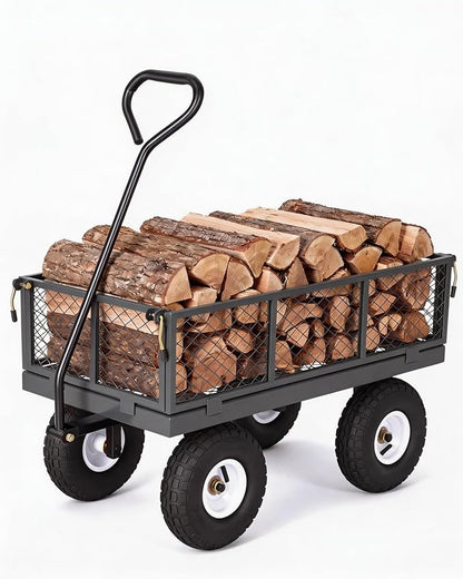GarveeTech 400LBS Heavy Duty Steel Garden Cart, Garden Wagon Cart on Wheels, Metal Yard Utility Wagon with Removable Mesh Sides, 10" All Terrain Tires, 180° Rotating Handle for Lawn, Garden, Farm