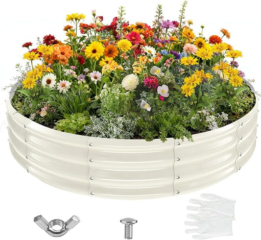 12 Inch Tall 60 Inch Diameter Round White Raised Garden Bed Kits Outdoor | 1 FT Tall,5 FT Planter Bed for Flowers,Herbs,Vegetables,Trees,0.8MM Thick Galvanized Metal Painted,with Gloves,Tool free