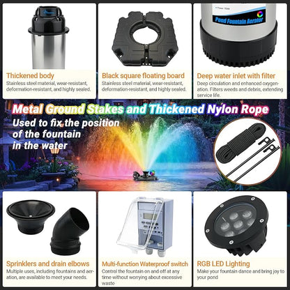 Pond Fountain Aerator with Lights, Dynamic RGB Light 1HP 750W Floating Fountain for Pond Lake, 110V 15000 GPH Fully Automatic Stainless Steel Fountain Pump 100Ft Cord with 2 LED Lights and Nail, Rope