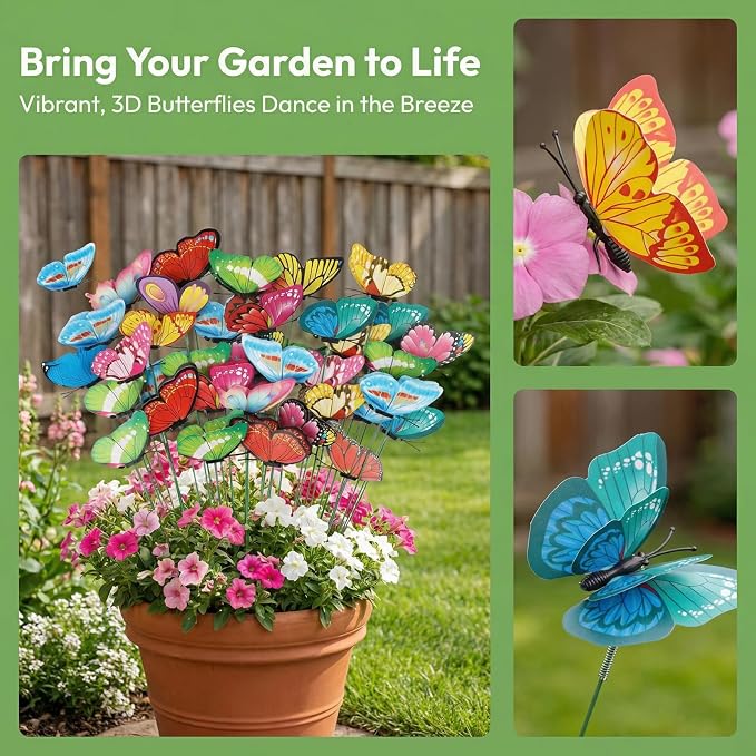 30PCS Butterfly Decorations Outdoor Butterfly Garden Picks for Garden Decor | 3D Waterproof Double Layer Artificial Butterflies Picks for Crafts Flower Arrangements Outdoor Indoor Spring Decor