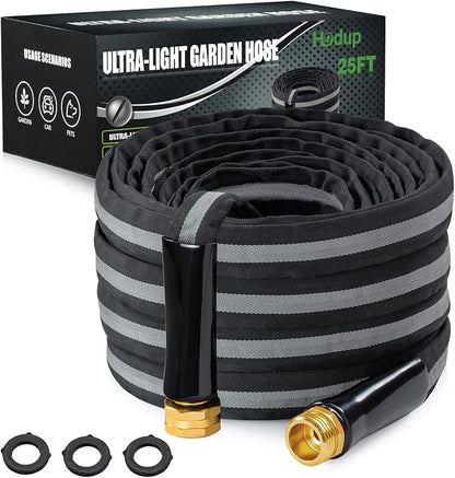 25ft Lightweight Garden Hose, Ultra Flexible Fabric Water Hose, Non-Expanding & Kink-Free with Leak-Proof Aluminum Fittings, Heavy Duty Hose for Yard, Car Wash & RV, Black-Gray