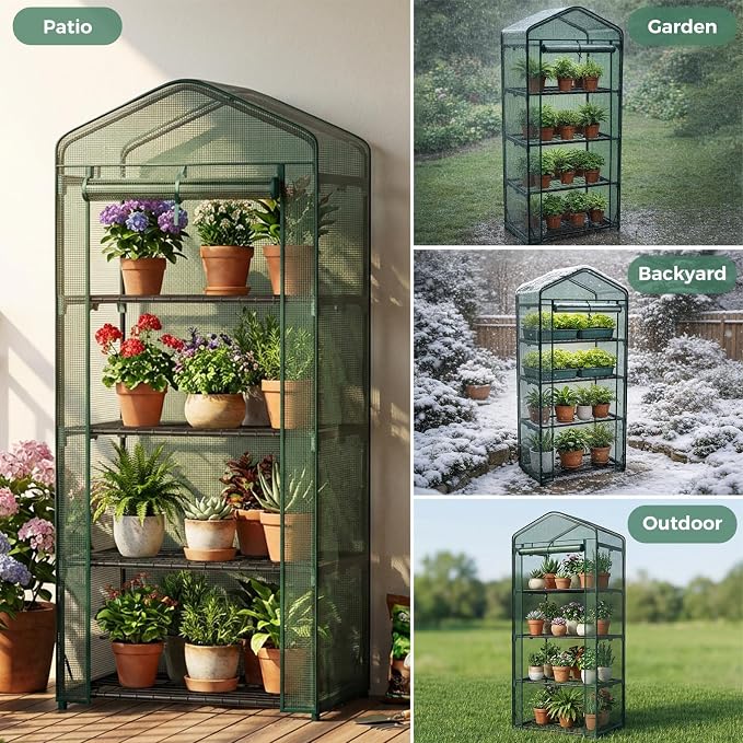 Sweetcrispy Mini Greenhouse with Roll-up Zipper Door Durable PE Cover, 27"x19"x63" 4 Tier, Small Greenhouse for Outdoors Indoor Balcony, Porch, Garden, Patio, Backyard Green Houses, Green