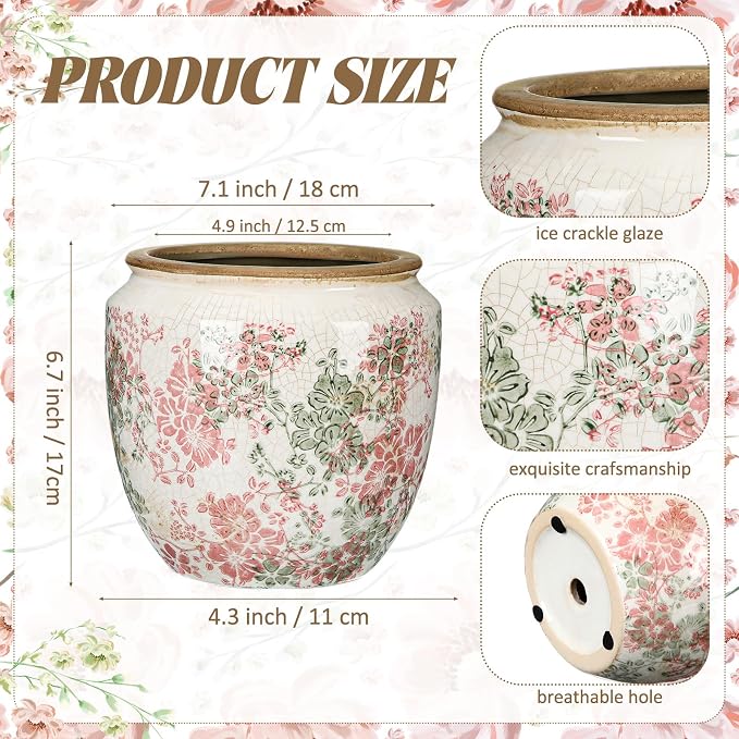 LemonRoad 7 Inch Large Vintage Ceramic Planter with Drainage Holes Ice Crackle Flower Vase Flower Pot with Farmhouse Rose Pattern for Indoor Outdoor Plants Garden Home Kitchen Office Shelf Decor