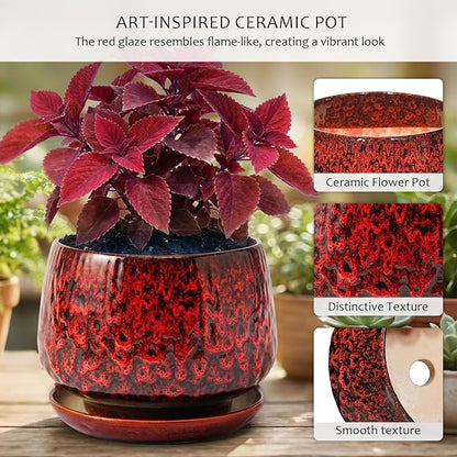 10.3 Inch Ceramic Planter with Saucer,Modern Garden Pots with Drainage Hole Mesh Net, for Indoor Outdoor Use (Speckle Red)