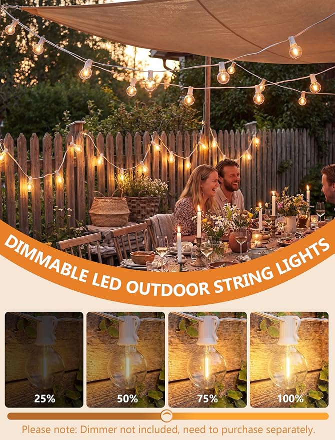 25Ft G40 LED Outdoor String Lights White, 27 Shatterproof Bulbs Waterproof | Plug In, Dimmable, Connectable, Hanging Outdoor Globe Lights for Patio Backyard Wedding Party Christmas, 2700K Warm White